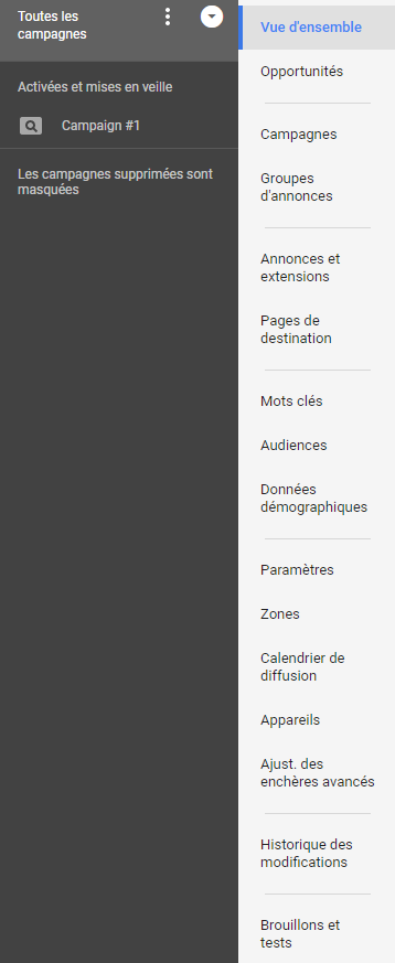 Nouveau menu Google AdWords